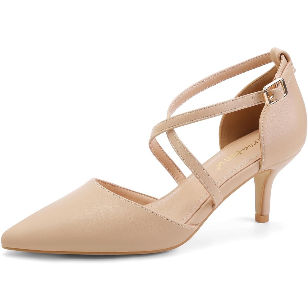 Greatonu Women's Low Heeled Closed Pointed Toe Pumps Kitten Heel In Nude